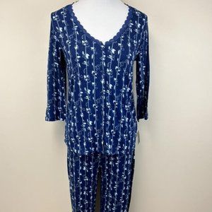 NWT Maidenform S Blue Floral Stripe Lace Trim Pajama Set Jersey Knit Button
